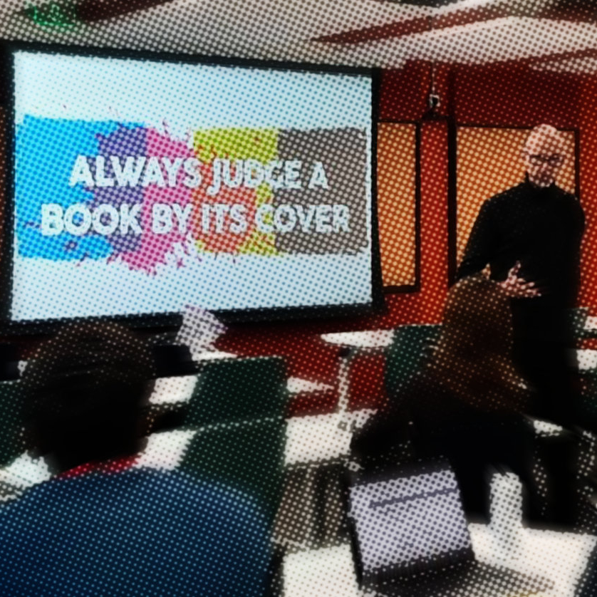 Tim Baggaley explaining the psychology of graphic design to psychology students at Northeastern University London